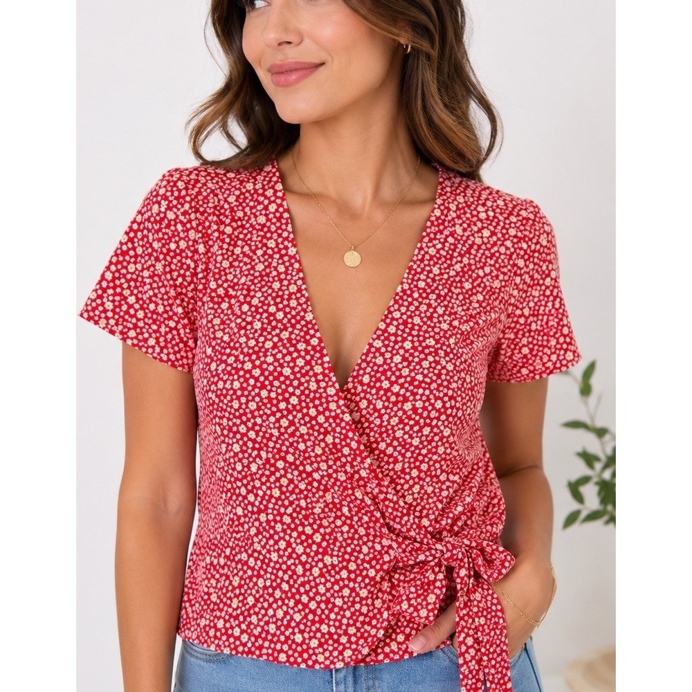 Sezane Red Floral Wrap Top Womens Size 38 Short Sleeve Tie Waist Blouse